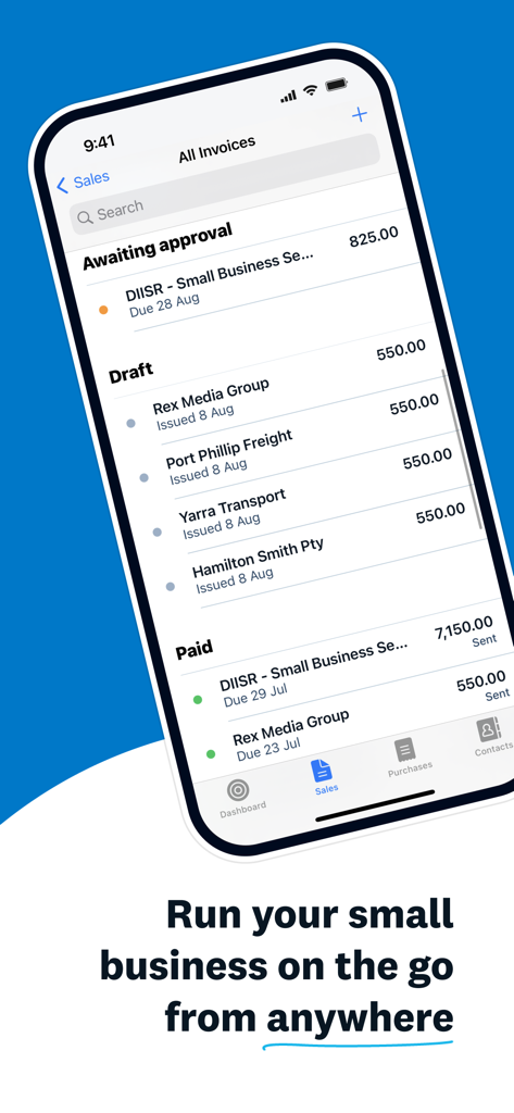 Xero Accounting for business - Interfaccia mobile dell'app Xero che visualizza un elenco di fatture aziendali con monitoraggio dello stato per in attesa di approvazione, bozza e pagate.