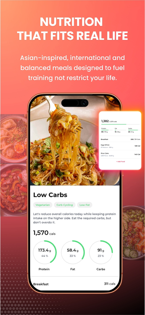 ELEV8 : Train with Structure - Pantalla de la aplicación ELEV8 que muestra el seguimiento nutricional de comidas saludables de inspiración asiática.
