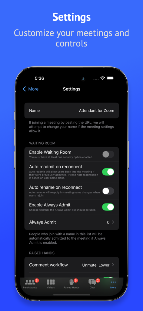 Pantalla de configuración de Attendant for Zoom que muestra la sala de espera y los controles de la reunión.