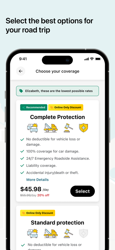 Hertz app screen showing car rental insurance coverage options like Complete Protection and Standard protection with daily rates