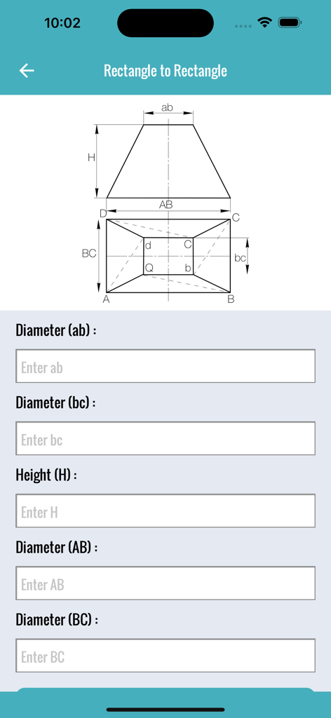 Flat Pattern Bend Calculator - Interface of a sheet metal calculator app showing a technical diagram for a rectangle to rectangle transition with input fields for dimensions