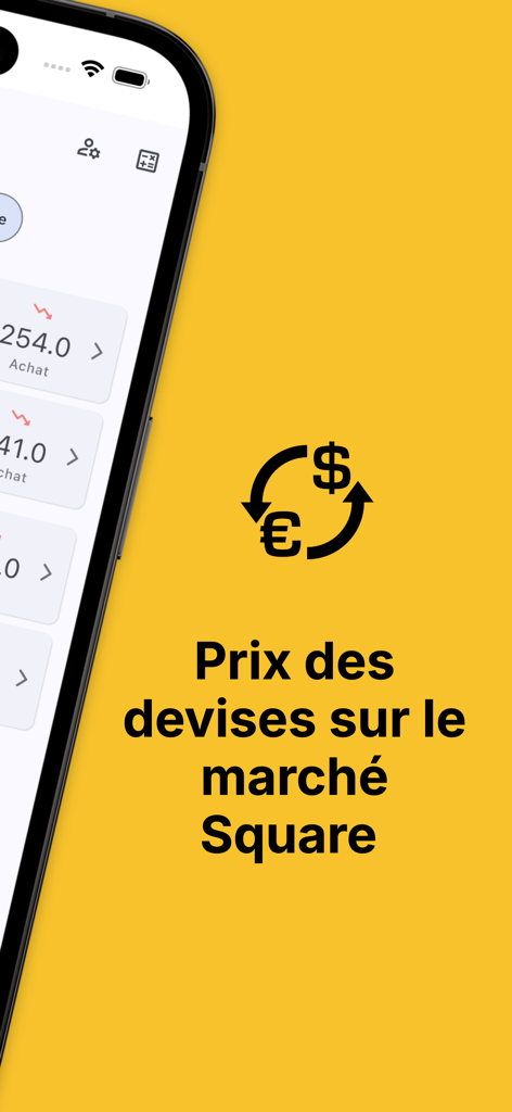 A smartphone displaying real-time currency exchange rates for the Algerian Square parallel market on a yellow background