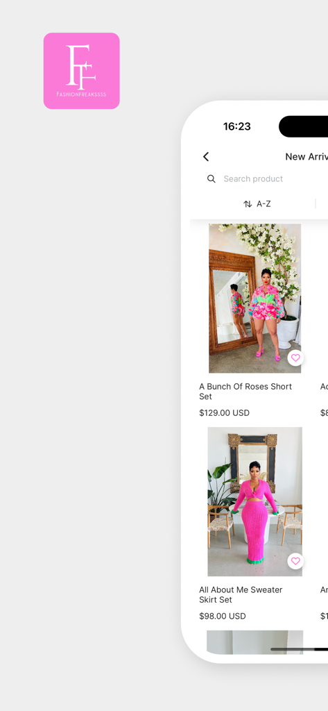 FashionFreakssss - Interfaccia dell'app FashionFreakssss che mostra una collezione di abbigliamento femminile di tendenza e prezzi