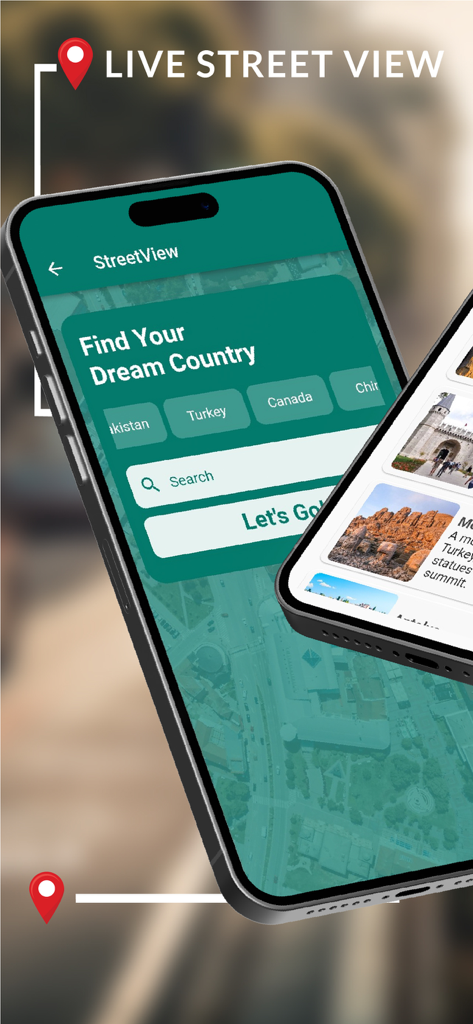 Interface do aplicativo móvel mostrando o recurso de pesquisa Live Street View para explorar diferentes países e locais históricos.