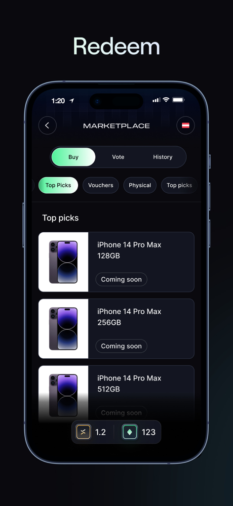 NATIX Drive& - In-app marketplace screen showing top picks for rewards like iPhone 14 Pro Max models