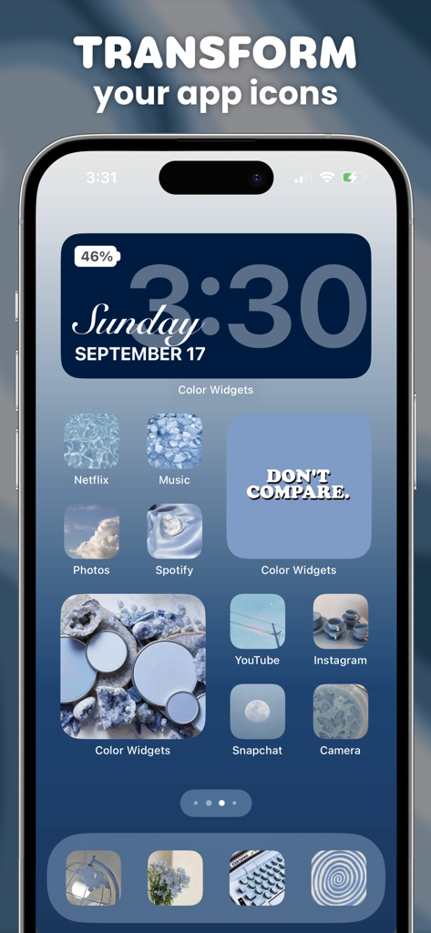 Aesthetic blue iPhone home screen with custom app icons and widgets