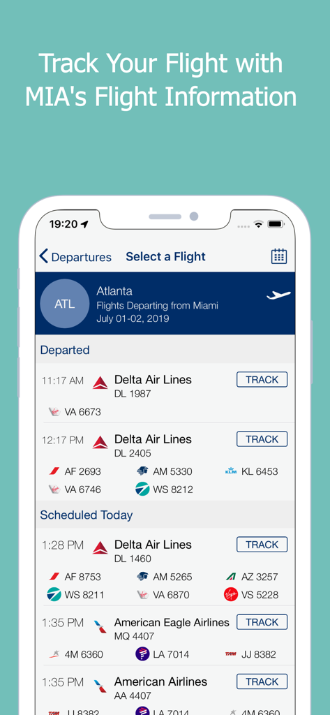 MIA Airport Official - MIA空港公式アプリのインターフェース、アトランタ行きのフライトの出発便と追跡情報が表示されています。