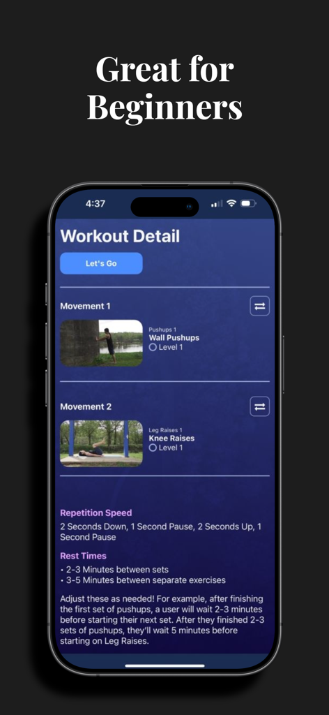 Hybrid Calisthenics app workout detail screen showing beginner exercises like wall pushups and knee raises