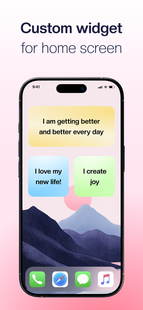 Daily Affirmations—Positive Me - Pantalla de inicio de la aplicación Afirmaciones Diarias que muestra widgets personalizables de citas positivas en un smartphone.