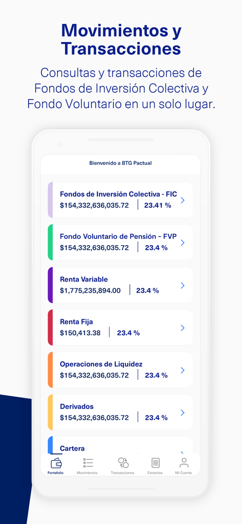 BTG Pactual Colombia - BTG Pactual 콜롬비아 모바일 앱, 투자 포트폴리오 및 거래 옵션 표시