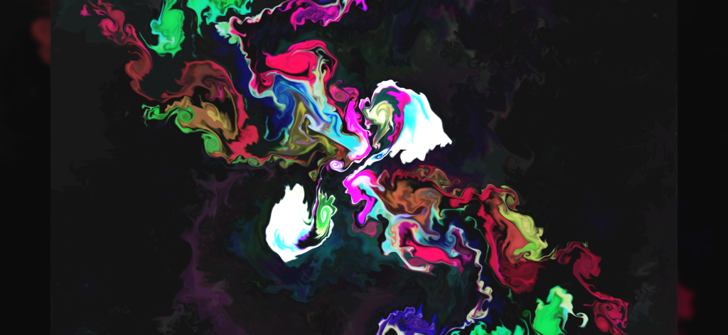 A colorful abstract fluid simulation with vibrant swirls of pink green and blue on a dark background