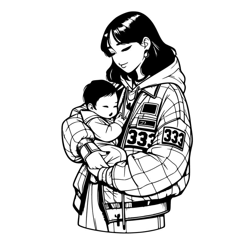 realistic asian girl wearing a a matching jacket and pants with the jacket having the number 333 and holding a asian baby