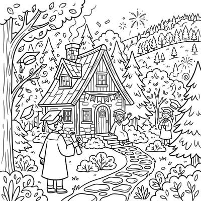 Step into a magical woodland scene where academic achievements are celebrated! This delightful coloring page features a cozy forest cottage adorned for a graduation party, complete with jubilant graduates and festive details.