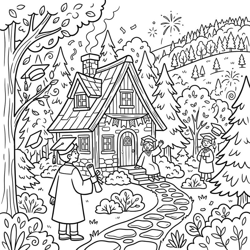 Step into a magical woodland scene where academic achievements are celebrated! This delightful coloring page features a cozy forest cottage adorned for a graduation party, complete with jubilant graduates and festive details.