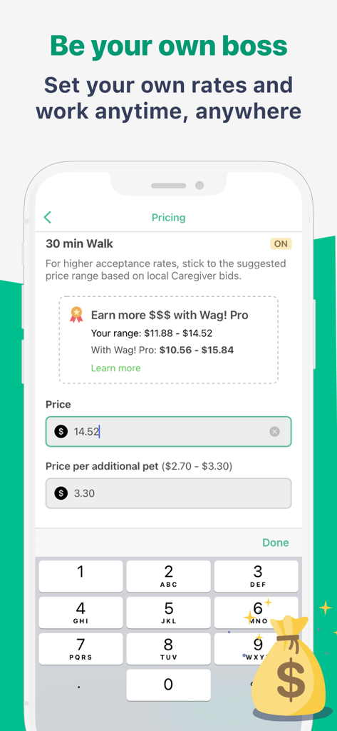 Wag! Pet Caregiver - Captura de tela da tela de preços do aplicativo Wag Pet Caregiver para definir tarifas de passeio com cães