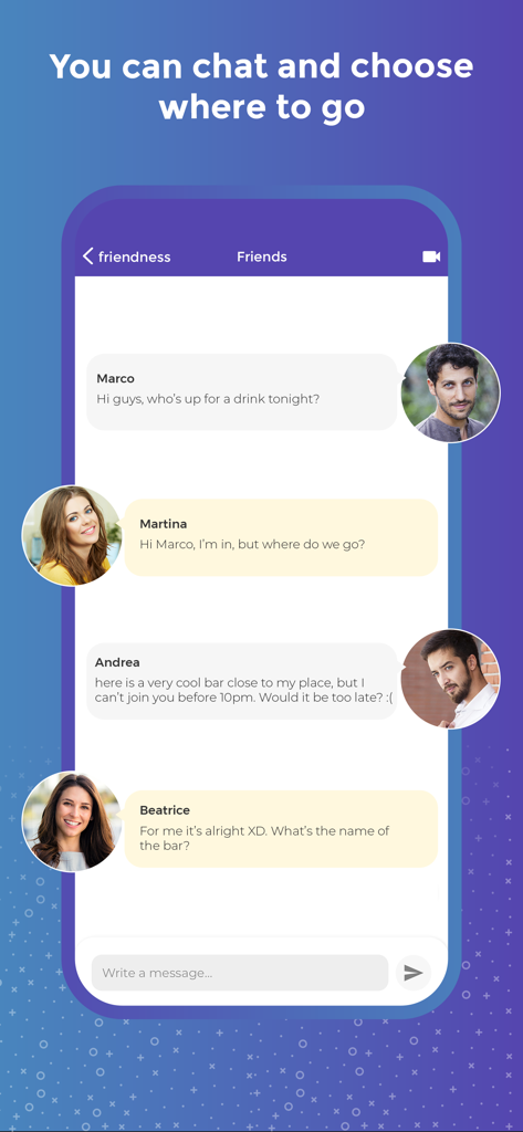 friendness - Screenshot of the friendness app showing a group chat interface where people are planning a social meeting