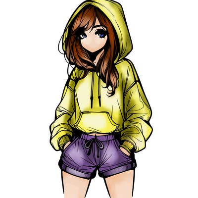 realistic girl in shorts and hoodie