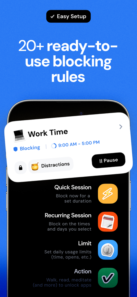 Jomo - Screen Time Blocker - Jomo app interface showing ready-to-use blocking rules and a scheduled work time session.