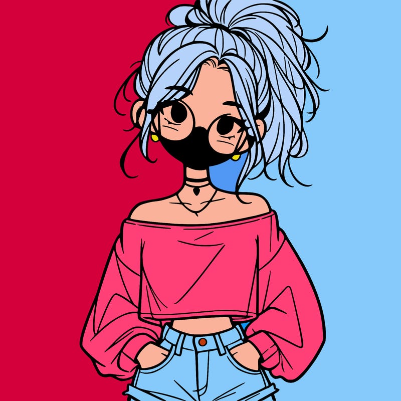 girl with a messy ponytail glasses a baggy crop top and jean shorts