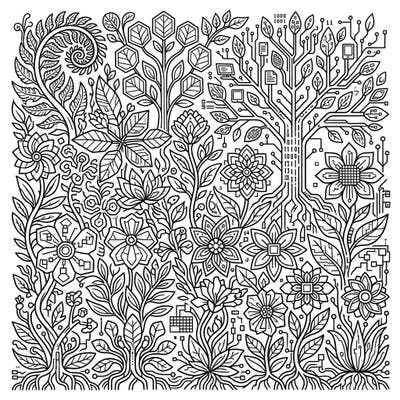 Explore a stunning fusion of nature and technology with this intricate digital plants coloring page. Featuring cybernetic flowers, circuit board trees, and botanical patterns, it offers a challenging and rewarding creative experience.