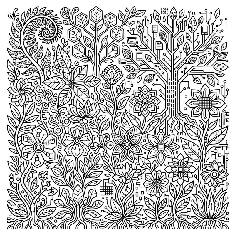 Explore a stunning fusion of nature and technology with this intricate digital plants coloring page. Featuring cybernetic flowers, circuit board trees, and botanical patterns, it offers a challenging and rewarding creative experience.