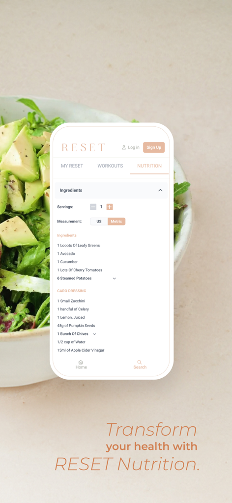 RESET By Caroline - Nutrition tab in the RESET By Caroline app showing a healthy plant based salad recipe with ingredient list