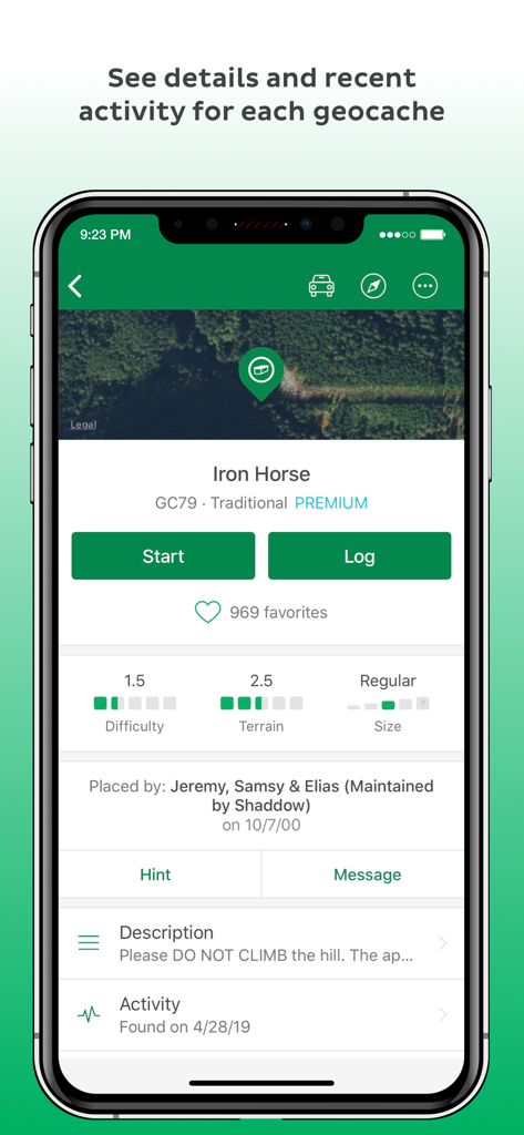 Detail screen of a geocache in the Geocaching app showing map ratings and logs