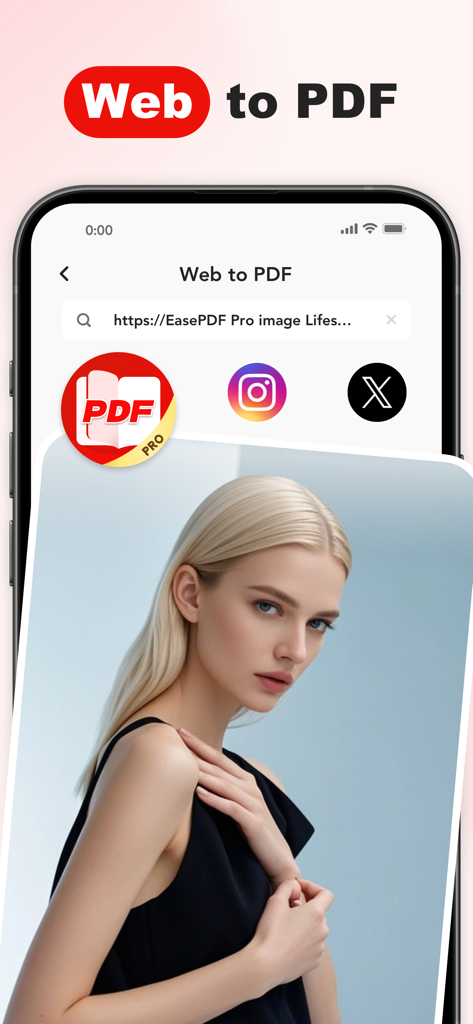 Captura de tela da interface do recurso de conversão de Web para PDF do aplicativo móvel EasePDF Pro em um smartphone.
