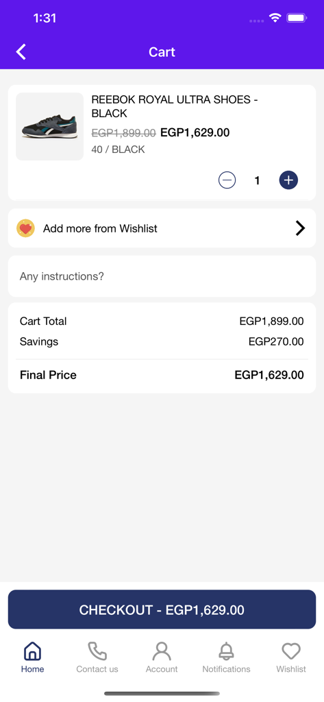 Activ Abou Alaa. - Activ Abou Alaa app cart screen showing a pair of Reebok shoes and checkout total price