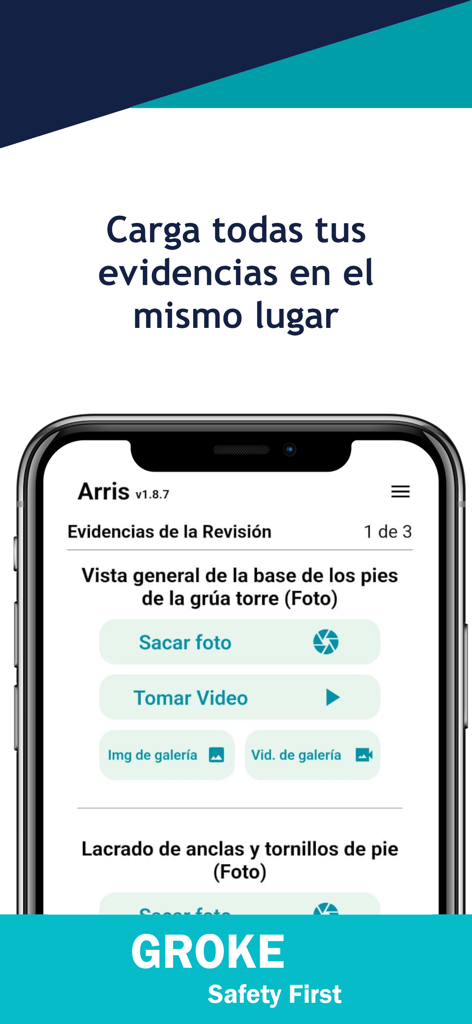 Groke - Mobile screen of Groke app showing options to capture photo and video evidence for safety inspections