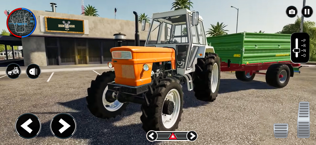 Farming Games Tractor Driving - A 3D farming simulator showing an orange tractor with a green trailer and driving controls