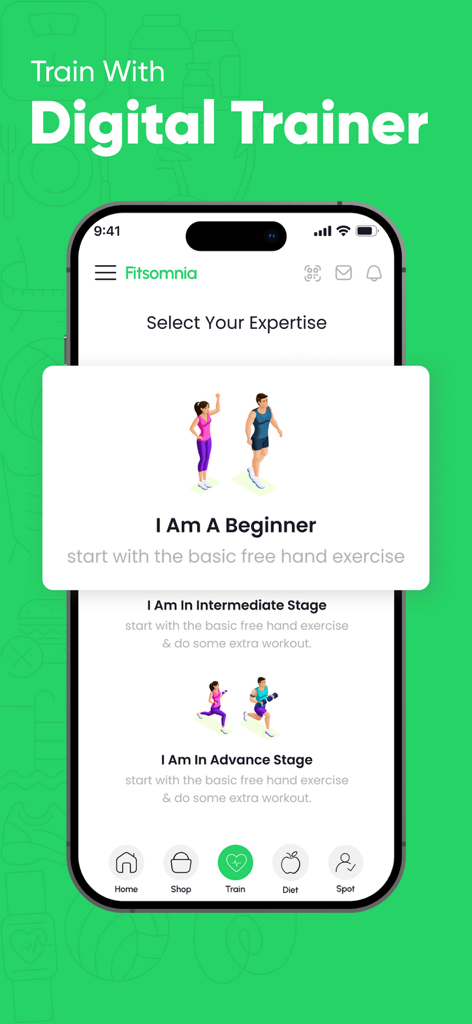 Fitsomnia: AI Fitness App - Fitsomnia Mobile App-Bildschirm zur Auswahl des Erfahrungslevels von Anfänger bis Fortgeschrittener für die digitale Trainerfunktion