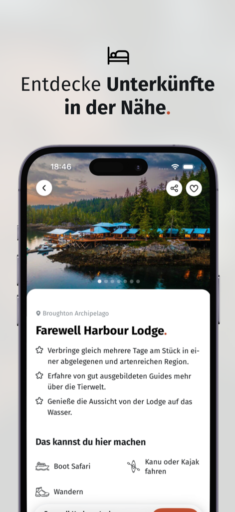 Wildful Stories: Roadtrip App - Interfaz de la aplicación Wildful Stories que muestra un albergue ecológico remoto y actividades de vida silvestre al aire libre