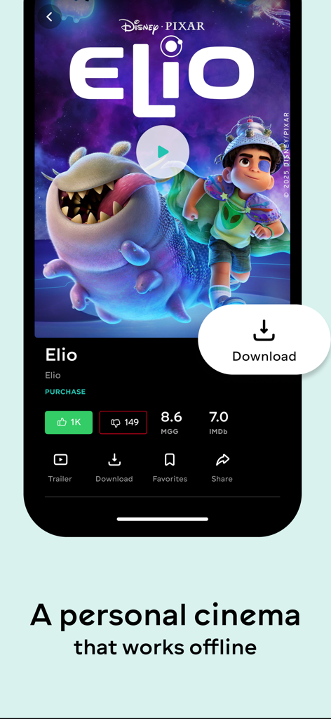 MEGOGO: TV, Movies, Audiobooks - MEGOGOアプリのインターフェイス。エリオ映画の詳細ページにオフラインダウンロードボタンが表示されています。