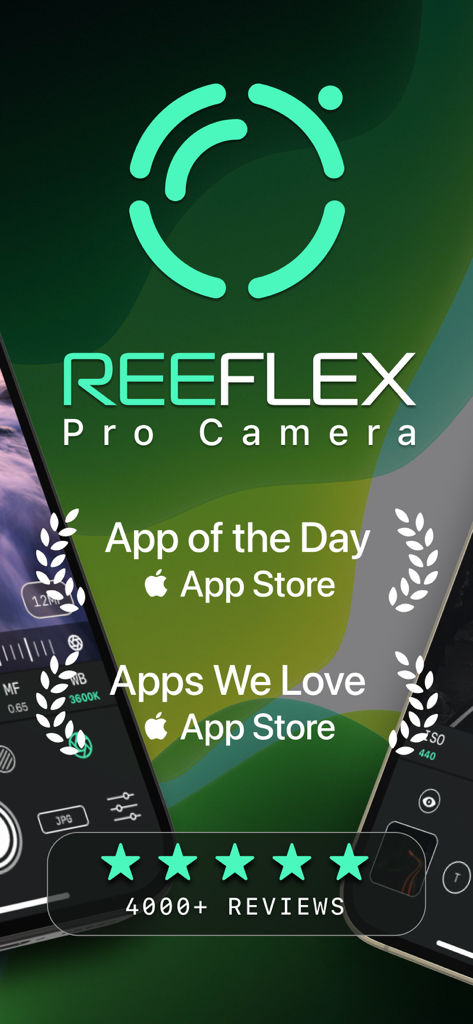 Promotional graphic for Reeflex Pro Camera showing App Store awards and five star user ratings
