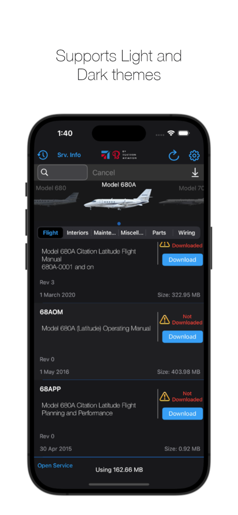 Textron Aviation 1View - Textron Aviation 1View app interface showing technical manuals in dark mode