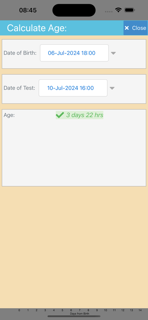 Phototherapy - Interfaccia dell'app mobile che mostra un calcolatore dell'età del neonato per la valutazione clinica della fototerapia.