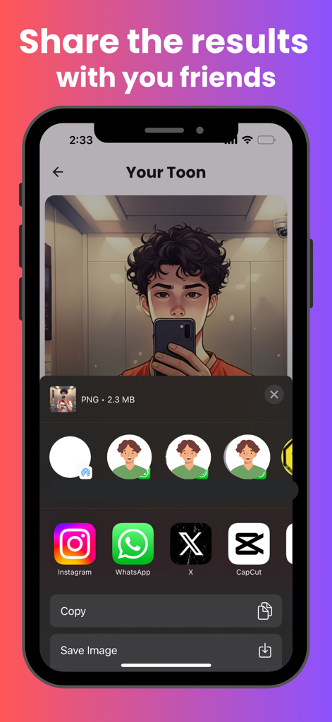 Cartoon Yourself - Toonify - Interface of Toonify app showing options to share a cartoon avatar on social media platforms like Instagram and WhatsApp