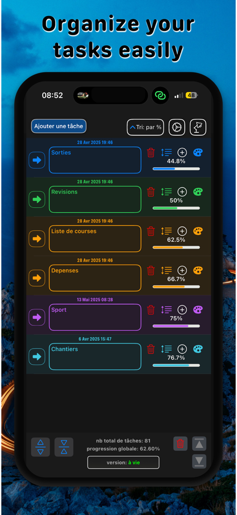 Interface de l'application mobile Gestionnaire de tâches : Suivi des progrès montrant une liste de tâches avec des catégories codées par couleur et des barres de progression en pourcentage.