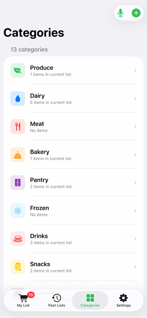 Grocery/ShoppingList - Categories screen of the MyGroceryList app showing food groups like produce and dairy