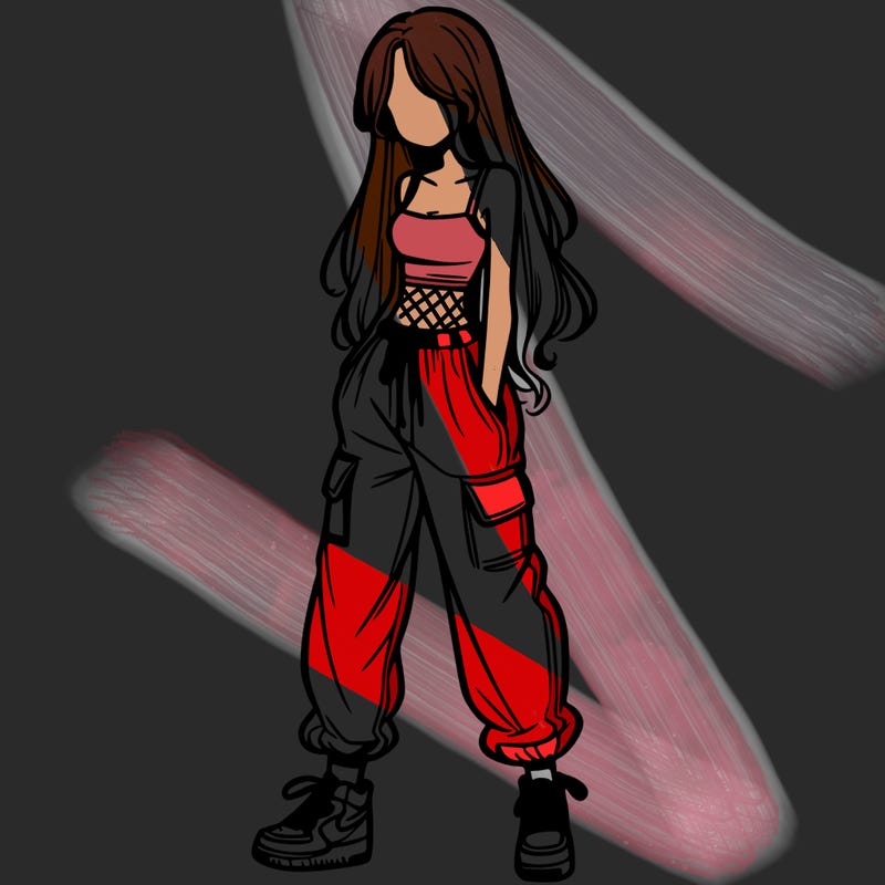 girl in baggy pants crop top and long hair