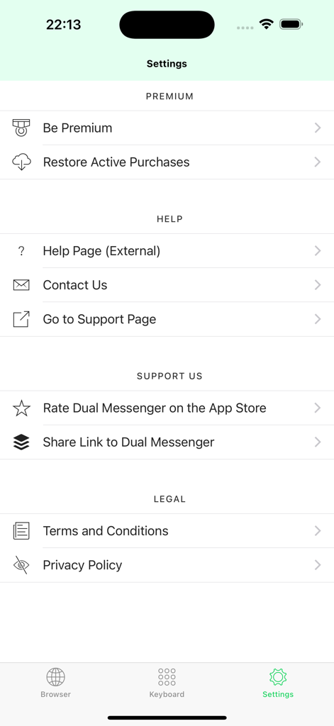 Dual Messenger for WA Web - Pantalla de configuración de Mensajero Dual para WA Web con opciones de suscripción premium y soporte