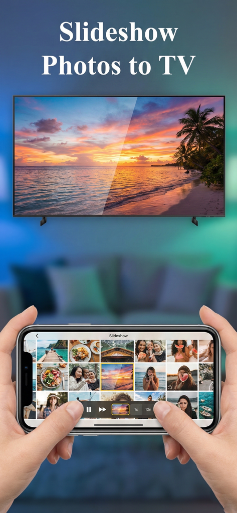 A person casting a photo slideshow from an iPhone to a large screen TV