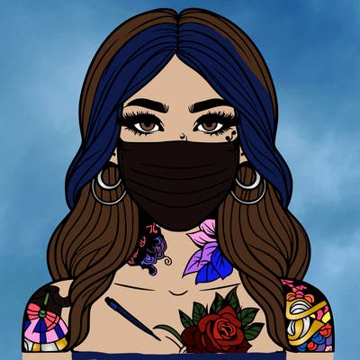 realistic woman with a face mask and realistic tattoos