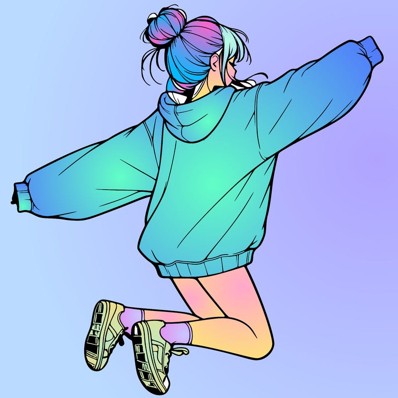 realistic girl jumping with a bun and oversized sweatshirt