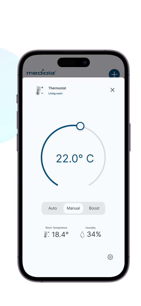 Mediola connect App Thermostat-Steuerungsbildschirm mit Temperatur- und Feuchtigkeitseinstellungen