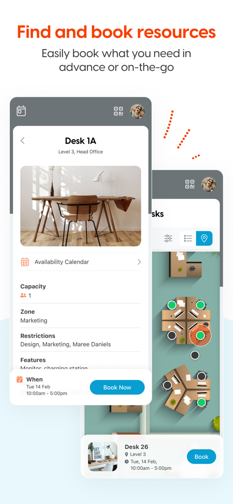 SwipedOn Pocket mobile app interface showing office desk booking and floor plan management