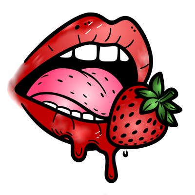 a mouth with a strawberry and it's mouth and it's biting it, a bit of juice dripping from the bottom lip