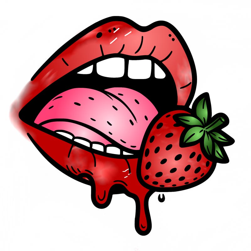 a mouth with a strawberry and it's mouth and it's biting it, a bit of juice dripping from the bottom lip