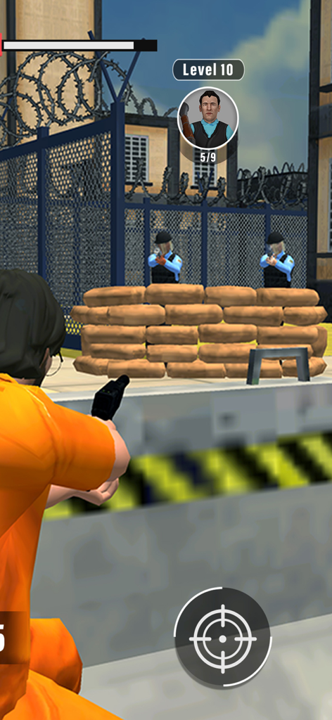 Jailbreak Fury - Jailbreak Fury gameplay showing a prisoner in an orange jumpsuit aiming a gun at guards behind sandbags
